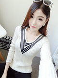 秋冬新款韩国女子细条纹双V领长袖竖纹针织衫修身显瘦毛衣打底衫