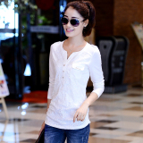 春装新款2016女士小衫白色圆领韩版修身时尚V领蕾丝中长款长袖T恤