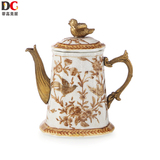 蒂高美居 欧式家居客厅软装饰品创意陶瓷镶铜茶水壶工艺品摆件