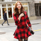韩国秋冬时尚小香风长袖套裙修身显瘦两件套格子毛呢套装连衣裙潮
