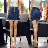 2016春夏女装韩版复古显瘦大码高腰牛仔短裙单排扣包臀弹力半身裙