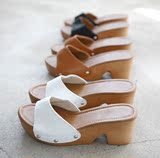 韩国代购女鞋2015夏季新款韩版坡跟防水台铆钉真皮一字凉拖鞋