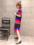 2016韩版彩虹条纹t恤女人造棉带袖有袖长裙夏连体两边开叉连衣裙