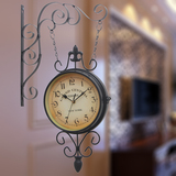 欧式双面挂钟客厅创意时尚大号时钟两面挂钟铁艺简约静音复古钟表