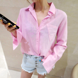 BINS韩国代购正品2016夏季新款 芳香粉色麻棉透气薄款长袖衬衫女