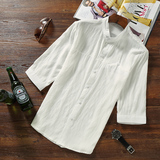 夏季小立领亚麻衬衫男七分袖修身型纯色棉麻料圆领休闲白色衬衣男