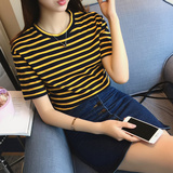 A哚啦2016春装女装新款韩国洋气撞色条纹休闲百搭圆领短袖T恤9747