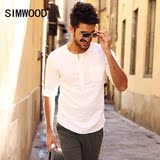 Simwood2016春装新品休闲男修身纯色七分袖衬衫潮男棉麻套头衬衣