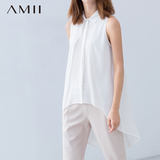 Amii[极简主义]2016夏中长款纯色衬衫假两件大码无袖背心雪纺衫女