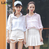 LRUD2016夏季新款韩版翻领长袖小清新格子衬衫女百搭休闲薄款衬衣