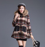 2015冬装外套韩版修身大码真毛领格子毛呢外套女时尚带帽呢子大衣