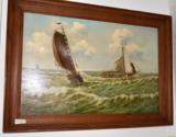 西洋古董油画超大幅海浪中的古船老画布油画带实木画框