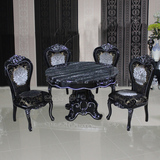 欧式大理石餐桌椅组合实木雕花圆桌1.2米1.3米小户型展厅餐椅黑色