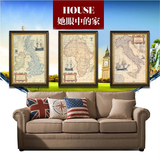 欧式复古美式乡村地图客厅沙发墙面上壁画三联有框画航海图装饰画