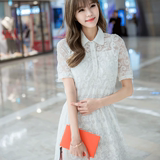2016年夏季新款通勤韩版高腰V领五分袖蕾丝双层吊带打底连衣裙