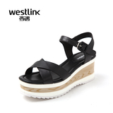 Westlink/西遇2016夏季新款 头层牛皮圆头高跟搭扣坡跟女凉鞋ZG