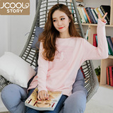jcoolstory韩国2015冬装新款条纹小猫宽松加绒长袖T恤女打底衫
