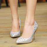 春季水晶水钻女鞋亮片银色超高跟鞋尖头细跟单鞋金色结婚鞋[E423]