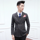 韩版双排扣西服套装男三件套英伦风格子修身男士西装新郎礼服外套