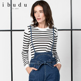 ibudu2016秋装新品简约黑白条纹针织衫短款修身长袖女E638541M00