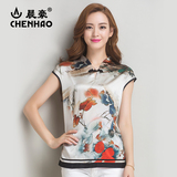 中国风中年女装夏装名族风桑蚕丝短袖T恤短款上衣40-50修身真丝