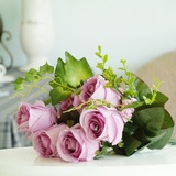 欧式人造仿真花批发紫色九头玫瑰大把花束家居装饰品摆件餐桌假花