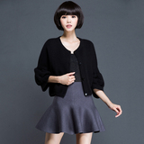 2015年秋冬新款韩版针织衫貂绒蝙蝠衫毛衣外套短款灯笼袖羊毛开衫