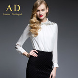 AD白色镶钻气质OL白领衬衫欧美职业装女装时尚性感黑色衬衣长袖夏