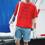 2016夏季新款港风日系复古简约字母刺绣红色韩范男士宽松短袖T恤
