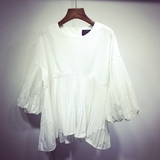 白衬衣女韩国2016春新款灯笼袖衬衫修身纯棉泡泡袖七分袖白色衬衫