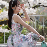 2016夏季韩版短款娃娃领无袖中腰碎花印花公主裙连衣裙