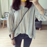 2016夏装新款韩版宽松条纹民族风泡泡袖套头衬衣女七分袖衬衫学生