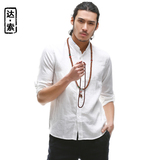 中国风纯亚麻衬衫男长袖立领棉麻衬衣 春季薄款白衬衫小领麻布衣