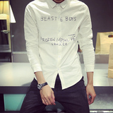 韩版长袖衬衫男夏季薄款学生上衣修身尖领潮衬衣常规 小清新 字母