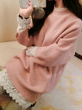 韩版冬甜美小清新粉色圆领中长款宽松侧开叉中长款套头毛衣外套女