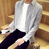 春季流行男装长袖衬衫韩版青年修身条纹衬衣休闲格子男士忖衫学生