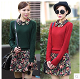 春装轻薄款2015韩版女装毛衣假两件针织衬衫领拼接碎花套装连衣裙