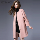 伊丝卡丝2015冬装新款时尚方领粉色毛呢大衣 女装中长款呢子外套