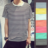 夏季新款薄款修身圆领条纹短袖T恤男青少年学生韩版常规条纹衫潮