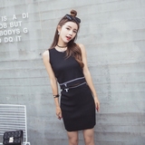 夏新款韩版黑色无袖背心裙包臀短裙打底针织连衣裙女套装裙两件套