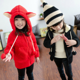 女童2015秋装春秋新款韩版宝宝儿童卡通兔子连帽绒衫加绒外套上衣