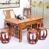曼时光实木功夫茶桌椅组合 中式原木雕花茶桌椅茶楼茶台茶几