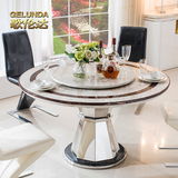 新古典大理石餐桌椅组合6人圆形小户型吃饭桌子不锈钢餐台带转盘