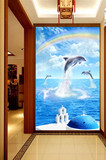 3D地中海玄关壁画希腊大海海豚走廊过道背景墙纸无缝整张背胶壁纸