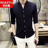 男士短袖衬衫夏季韩版休闲五分袖衬衣纯色中袖寸衫青少年时尚男装