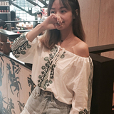 韩版女装夏季小清新民族风一字领露肩九分袖衬衫上衣宽松休闲衬衣