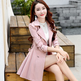 外套开衫女棉袄纯色修身双排扣中长款长袖秋冬季风衣韩版欧美粉色
