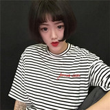2016春夏季韩版韩国短袖t恤女短款原宿bf风宽松学生条纹上衣胖MM