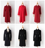 vintage复古古着孤品日本纯色中长款羊毛呢秋冬长袖大衣外套红黑