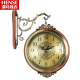 汉时欧式双面挂钟客厅创意挂表静音美式金属石英钟实木钟表HDS22